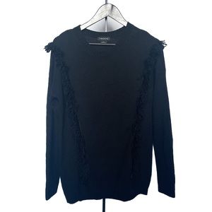 Trouvé Front Fringe Details Sweater Black Merino Wool Blend Pullover Women M
